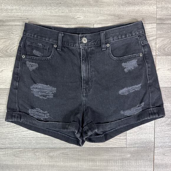 American Eagle Ripped High Rise Cuffed Mom Denim Jean Shorts Black Wash sz 4 - Picture 1 of 8